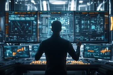 Man Monitors Complex Data on Multiple Screens in Futuristic Command Center Setup