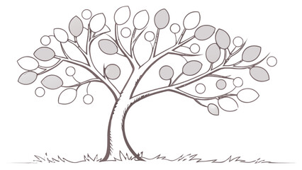 Obraz premium Illustration of a tree with leaves and circular fruits in grayscale on white background