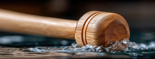 Wooden mallet creates ripples in still water during a crafting session at a workshop in the late afternoon light