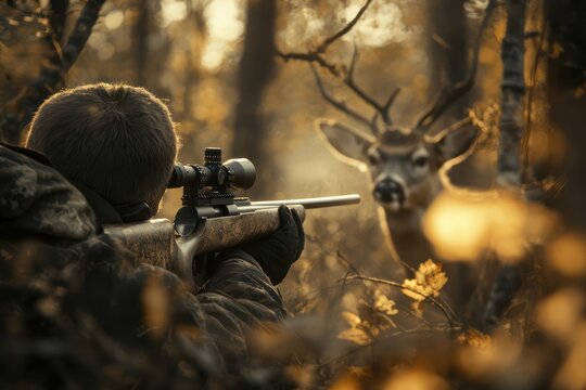 Hunter aiming rifle in forest