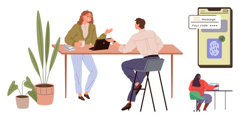 People collaborating around a table with a laptop, potted plants nearby. Phone screen displays code authentication and fingerprint verification. Ideal for teamwork, security, tech, identity, remote