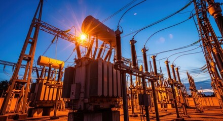 Fototapeta na wymiar Electrical substation at twilight with transformers and power lines