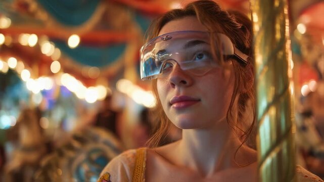 Focused woman with VR goggles glowing sitting on a carousel horse eyes filled with wonder while softly blurred couple around her relive their initial date spots through vivid