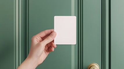 Hotel key card mockup, hand holding, room door, hospitality
