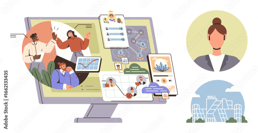 Poster computer screen with charts, workflow diagrams, profile images, and virtual collaboration elements. 