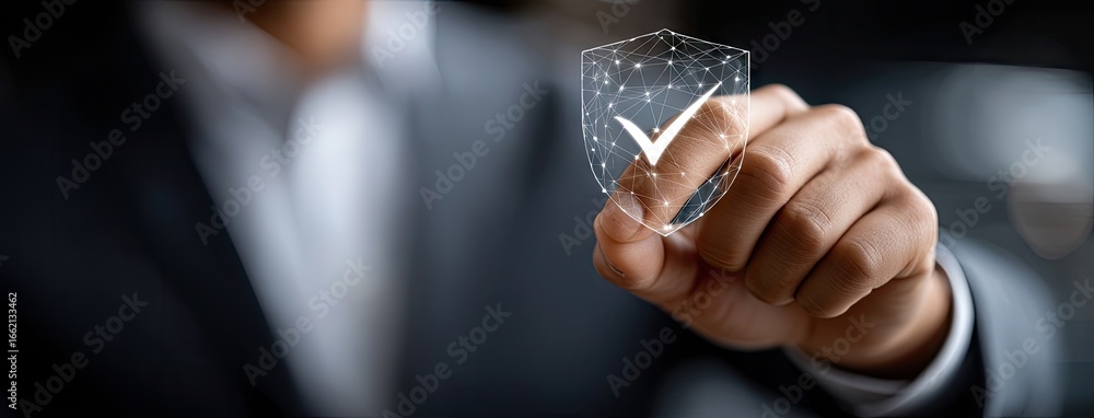 Poster business professional interacting with digital security shield symbol representing data protection a