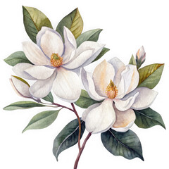 Fototapeta premium Beautiful watercolor painting of two white magnolia blossoms with green leaves isolated on transparent background