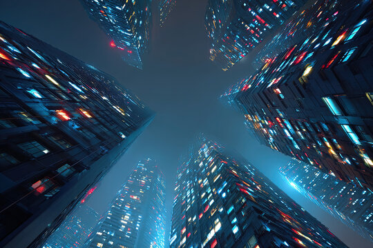 A worm's eye view of tall buildings at night with lights illuminating the dark sky in an urban setting - Powered by Adobe
