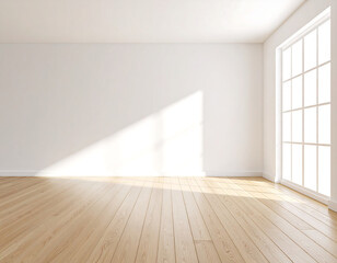 Empty, sunlit room with hardwood floors and large window.