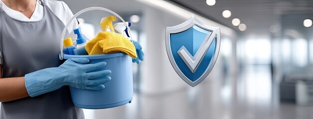 Cleaning professional holds bucket of supplies while ensuring sanitation standards in modern office environment
