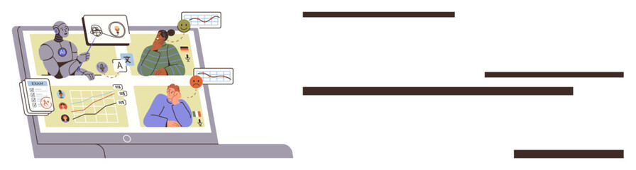 Laptop displaying interactive charts, robot assistant, team members analyzing data, and progress graphs. Ideal for teamwork, remote work, technology, data trends, communication digital solutions