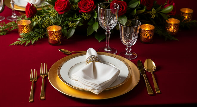 A luxurious and festive table setting ready for a special occasion. The rich, red tablecloth provides a dramatic backdrop for a formal place setting, including a gold charger plate, white dinnerware - Powered by Adobe