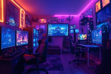 Modern gaming room setup with multiple monitors, colorful lights, and ergonomic chair