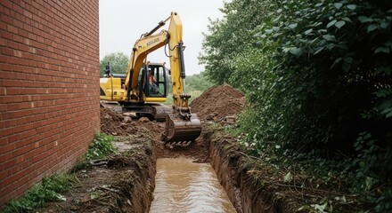 Excavator digs ditch next to brick building in lush landscape