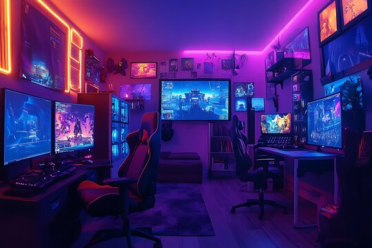 Modern gaming room setup with multiple monitors, colorful lights, and ergonomic chair - Powered by Adobe