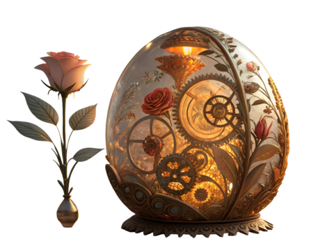 Ornate glass egg sculpture with mechanical gears and floral embellishments beside a rose isolated on a transparent background