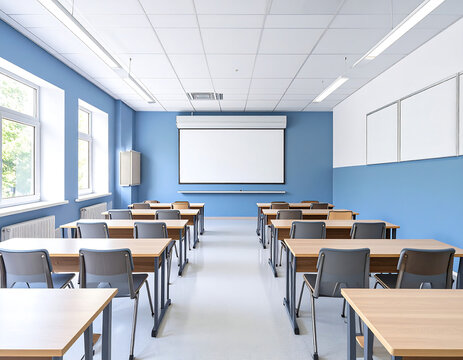 An empty classroom with desks, chairs, a projector screen, and windows.