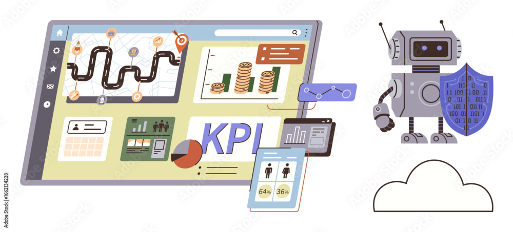 Aufkleber robot holding a shield beside a kpi dashboard with charts, graphs, and data illustrations. ideal for