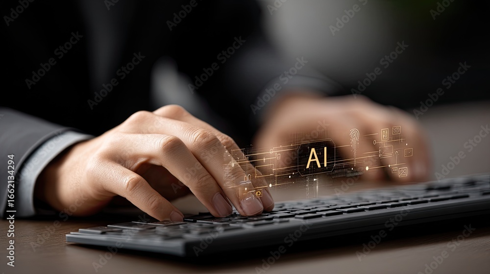 Poster hands typing on keyboard with digital ai elements appearing above, representing technology and innov