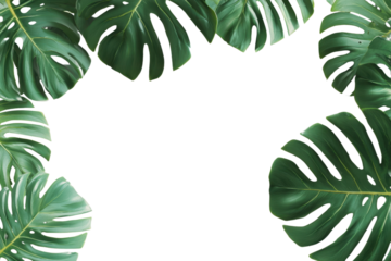 Banner of tropical palm leaf monstera frame border design on transparent background. Green leaves flat lay, top view