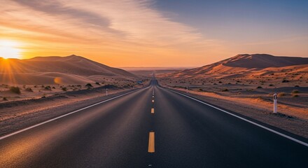Fototapeta premium Desert Highway Sunset - Endless Asphalt Road at Golden Hour.