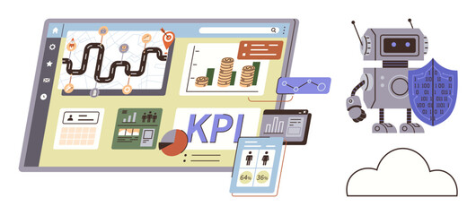 Robot holding a shield beside a KPI dashboard with charts, graphs, and data illustrations. Ideal for data security, analytics, AI, protection, cloud safety, performance visualization simple flat