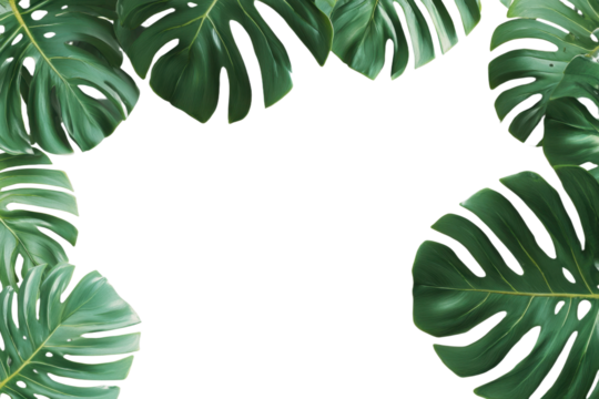 Banner of tropical palm leaf monstera frame border design on transparent background. Green leaves flat lay, top view