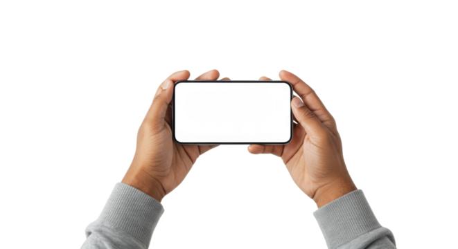Diverse human hands holding a sleek minimalist smartphone with blank white screen on a transparent studio background, high-key lighting, concept of modern technology and user interaction