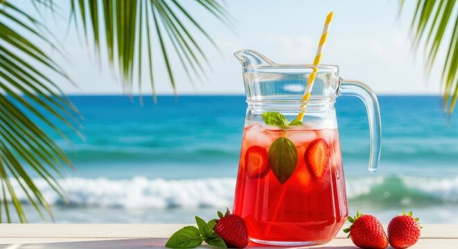 Refreshing strawberry lemonade on tropical beach