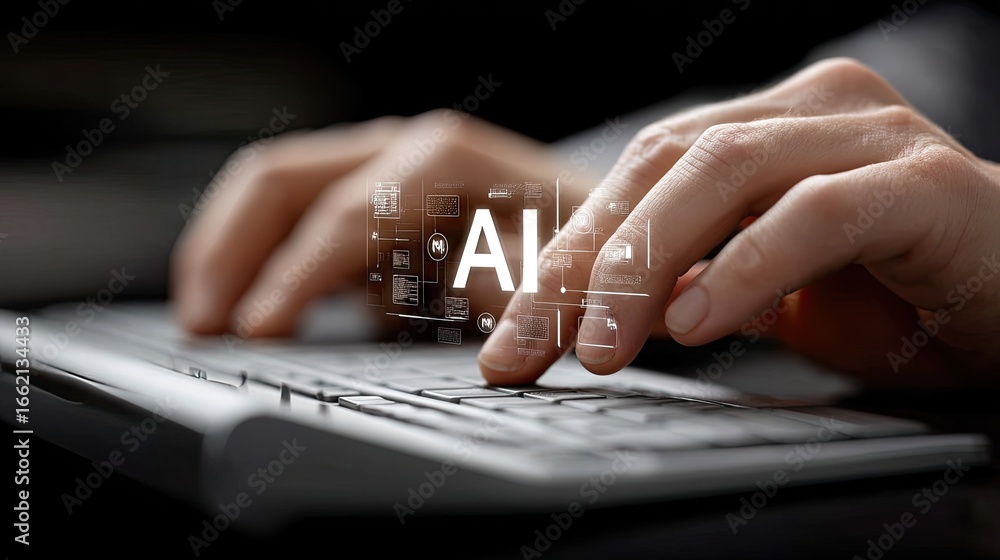 Poster hands typing on keyboard with digital ai elements appearing above, representing technology and innov