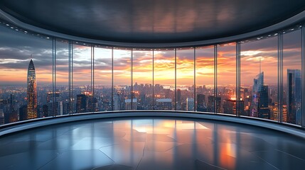 Modern Interior with Cityscape Sunrise View and Reflective Floor, Urban Panoramic