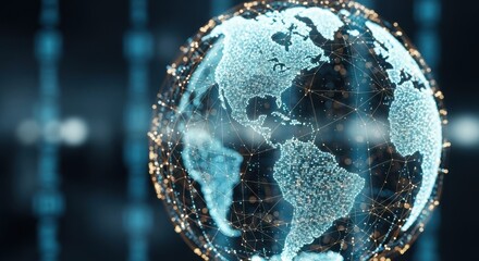 Global digital network connecting Earth's continents with data points and light