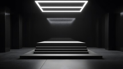 Modern Podium Steps Under Neon Light Fixture in Minimalist Interior Dark Room