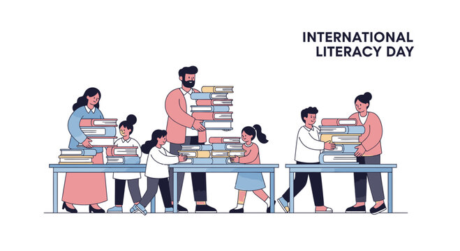International Literacy Day concept with a family and children carrying stacks of books. Vector illustration for education and reading.