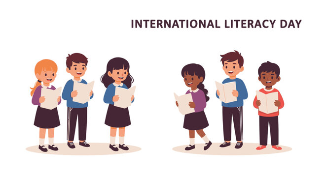 A diverse group of happy children reading books together, promoting education and knowledge for International Literacy Day.