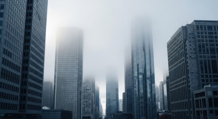 Foggy cityscape with tall buildings obscured by mist on a grey day