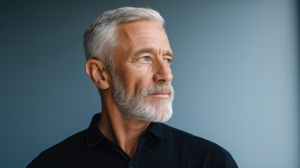 Obraz premium A mature man with gray hair and a beard gazes thoughtfully out of a window. The setting is calm and serene, highlighting his contemplative mood.