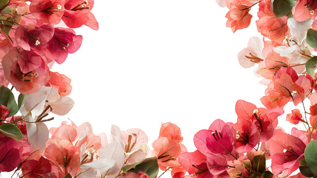 Beautiful bougainvillea spring floral blossom border isolated on transparent background. Colorful flower frame. blossom flower with green leaves. Mockup from flowers. Spring summer design elements PNG