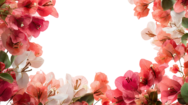 Beautiful bougainvillea spring floral blossom border isolated on transparent background. Colorful flower frame. blossom flower with green leaves. Mockup from flowers. Spring summer design elements PNG