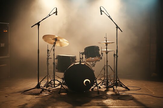 Moody Drum Kit on Stage with Fog and Microphones, Vintage Performance Setup