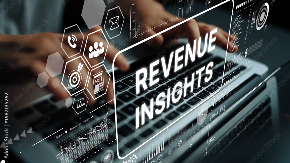 Poster innovative revenue insights and analytics concepts on digital interface with hands typing on laptop.