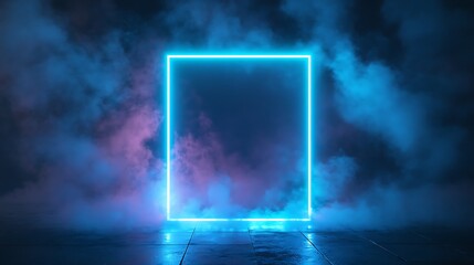 Neon Square Portal with Blue and Pink Smoke Effect against a Tiled Floor Backdrop