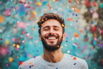 Happy man smiling with colorful confetti