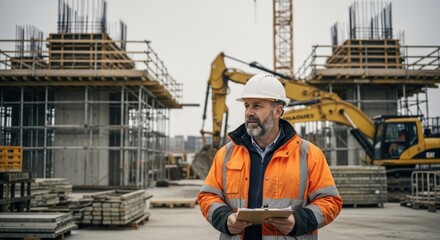 Foreman checks construction site with machinery and concrete structure
