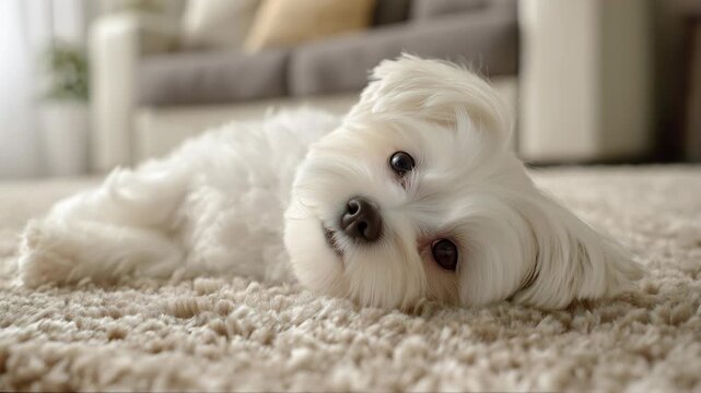 Cute, white and fluffy maltese puppy dog laying on a carpet with sunny and bright livingroom background