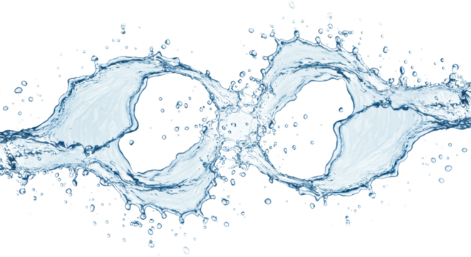 Crystal clear, dynamic water splashes with intricate droplets, frozen mid-motion against a brilliant white void background, high-key studio lighting for dynamic purity and freshness