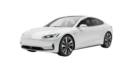 Obraz premium Pristine, sleek white, ultra-modern electric sedan in a high-key professional studio with a transparent cyclorama, concept of sustainable future technology