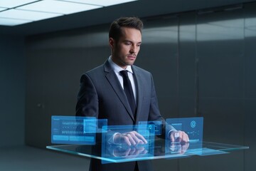 A businessman in a suit using a futuristic holographic interface in a modern office space