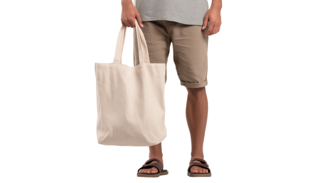 Man in summer shorts with tote bag, minimal casual stock, PNG - Powered by Adobe