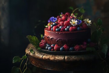 Vegan chocolate cake with berries topping